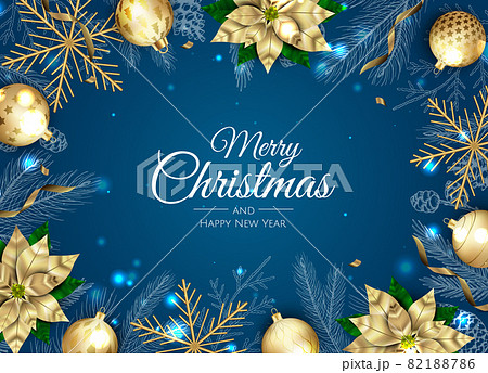 Merry Christmas and Happy New Year. Xmas Festive background with realistic 3d objects, blue and gold balls. 82188786