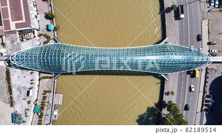 Aerial drone view of a modern bridge in Tbilisi, Georgia 82189514