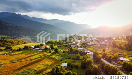 Aerial drone view of a village in Georgia at sunset Aerial drone view of a village in Georgia at sunset 82189735