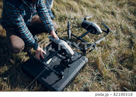 New York, USA - SEPTEMBER 18, 2021: DJI Inspire 2 quadcopter drone on ground before aerial flight and filming. 82190318