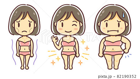 いろいろな体型の女性のイラスト2 やせすぎ 健康的 肥満 ダイエットイメージ のイラスト素材