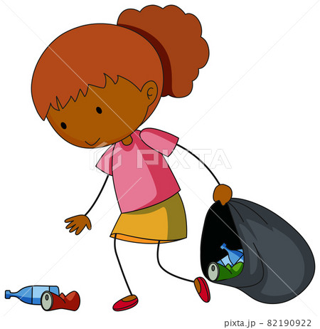 A doodle girl cleaning trash cartoon character isolated 82190922