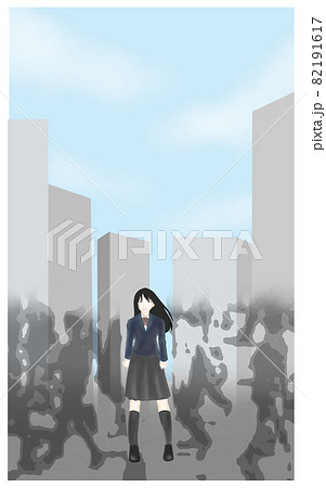 人混みに立つ女子1人のイラストのイラスト素材