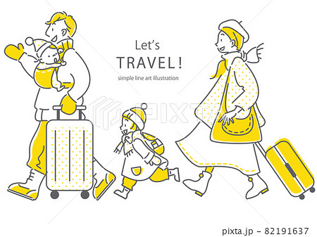家族旅行へ出かける四人家族のシンプルでお洒落な線画イラスト 82191637