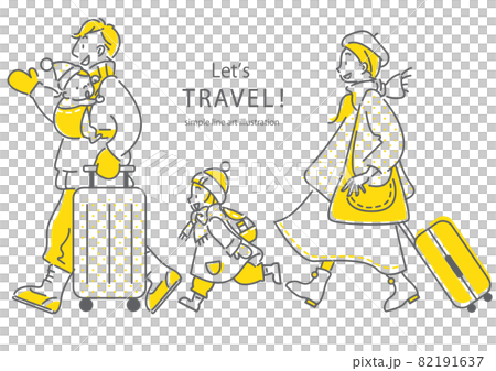家族旅行へ出かける四人家族のシンプルでお洒落な線画イラスト 82191637