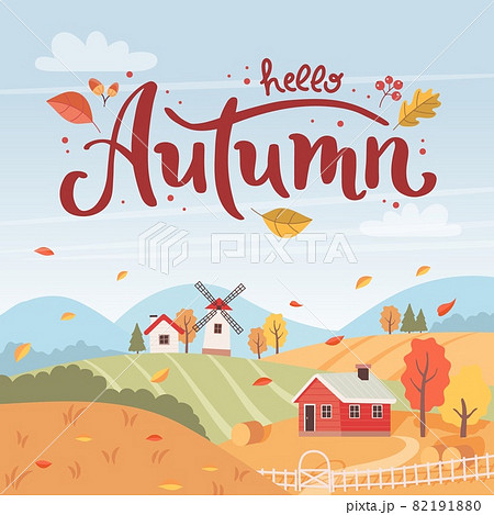 Autumn rural landscape with hand drawn lettering. Countryside landscape with houses and windmill. Vector illustration in flat style 82191880