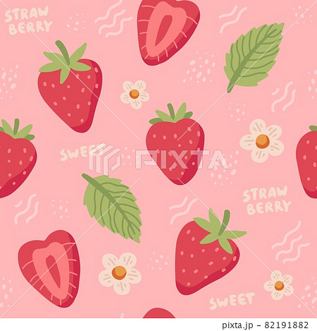 Strawberry pattern. Cute colorful strawberries with flowers and leaves in doodle style, vector illustration 82191882