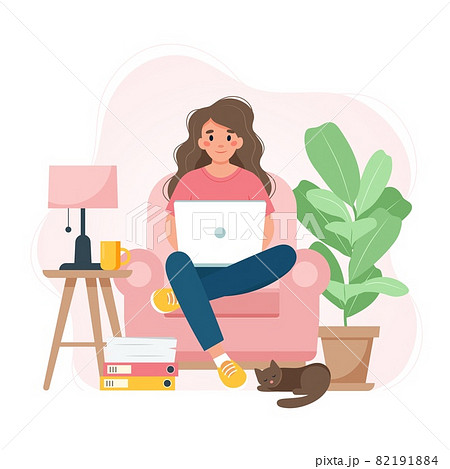 Work from home concept, woman on a chair with laptop, student or freelancer. Cute vector illustration in flat style 82191884