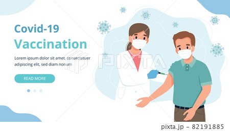 Coronavirus vaccination, man and a doctor with a syringe. Banner vector illustration in flat cartoon style 82191885
