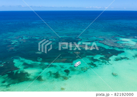 Aerial view from drone on Atlantic ocean with motor boats, caribbean travel destination 82192000