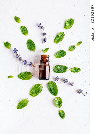 Flat lay lavender flowers and fresh mint leaves with amber bottle 82192397