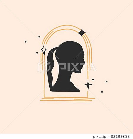 Hand drawn vector abstract stock flat graphic illustration with logo element,bohemian astrology magic art of mystic astronomy crescent moon,stars and sacred woman silhouette,simple style for branding. 82193358
