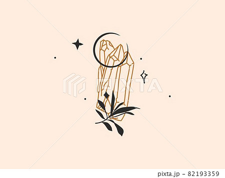 Hand drawn vector abstract stock flat graphic illustration with logo element,bohemian magic line art of crystal,crescent and leaves silhouette in simple style for branding,isolated on color background 82193359
