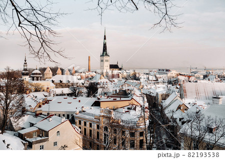 Winter View of the old town of Tallinn.Snow-covered city near the Baltic sea. Estonia 82193538