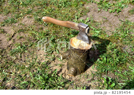 Ax during the goblets of wood log. Ax during the goblets of wood log. 82195454