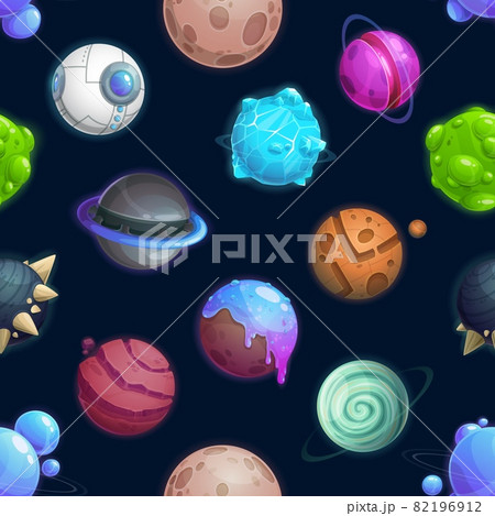 Cartoon space planets and stars seamless pattern, vector galaxy background. Fantasy space planets with alien planets of ice or fire, ufo spaceship and fantastic extraterrestrial satellites pattern Cartoon space planets and stars seamless pattern, vector galaxy background. Fantasy space planets with alien planets of ice or fire, ufo spaceship and fantastic extraterrestrial satellites pattern 82196912