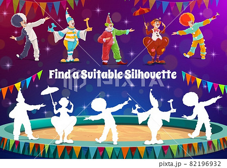Find a circus clown silhouette, kids game or riddle to match shadow. Vector tabletop puzzle. Find and match same shadow of funfair carnival circus clowns, jesters and jokers performers on stage 82196932