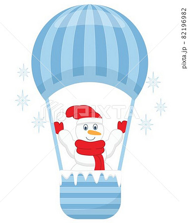 Snowman flies in a hot air balloon vector flat illustration. Snowman flies in a hot air balloon vector flat illustration. 82196982