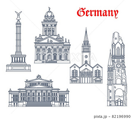 Germany architecture and landmark buildings of Berlin, vector icons. German church of Saint Matthew or St Matthaus Kirche, Victory Triumph Column, French cahtedral Franzosischer Dom of Friedrichstadt Germany architecture and landmark buildings of Berlin, vector icons. German church of Saint Matthew or St Matthaus Kirche, Victory Triumph Column, French cahtedral Franzosischer Dom of Friedrichstadt 82196990
