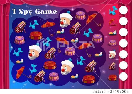 Kids I spy game with circus items and clowns, vector cartoon find and match riddle. Kids tabletop puzzle or I spy game with shapito funfair carnival clowns boots, dog balloon and cannonball Kids I spy game with circus items and clowns, vector cartoon find and match riddle. Kids tabletop puzzle or I spy game with shapito funfair carnival clowns boots, dog balloon and cannonball 82197005