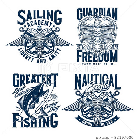 Tshirt prints with tuna fish, two headed eagles and anchors, nautical vector mascot for fishing, patriotic club and nautical academy apparel. T shirt grunge emblems with typography isolated labels set 82197006