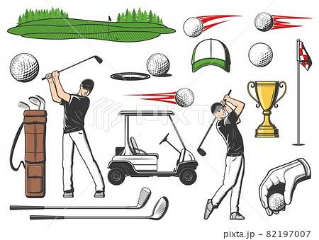 Golfer and golf club sport items, vector game equipment icons for tournament or championship. Golf club caddy cart, victory cup and player with golf bats and pins on green tee course or putter Golfer and golf club sport items, vector game equipment icons for tournament or championship. Golf club caddy cart, victory cup and player with golf bats and pins on green tee course or putter 82197007