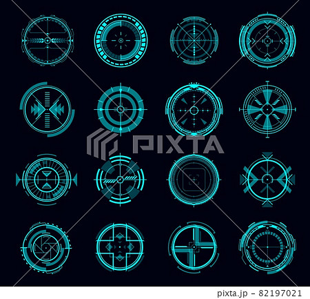 HUD vector aim control interface, futuristic target or navigation screen of game ui. Digital panel or hologram dashboard of future technology head up display with blue circles, arrows, targets 82197021