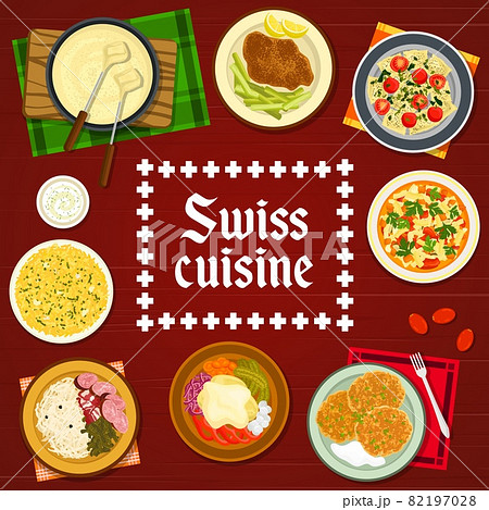 Swiss cuisine restaurant meals and dishes menu cover. Schnitzel, Minestrone soup and potato Fritter Rosti, risotto, sausages and ravioli, Raclette with potatoes and cucumbers, cheese fondue vector 82197028