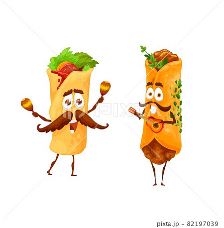 Cartoon mexican enchiladas and burritos happy characters. Mexican cuisine street restaurant meals with corn tortilla, meat and vegetables, funny burrito and enchilada playing on guitar and maraca 82197039