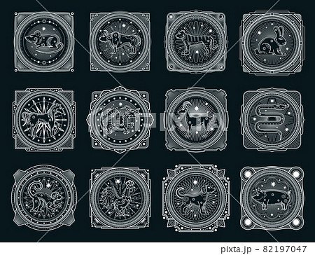 Chinese horoscope occult symbols and zodiac animals esoteric vector signs. Chinese zodiac horoscope signs in sacred geometry, occultism magic and astrology esoteric cards line art design