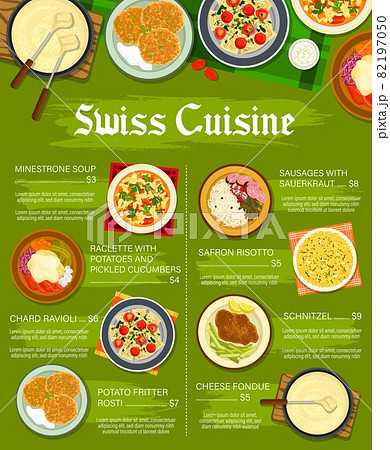 Swiss cuisine restaurant menu template. Minestrone soup, Raclette with potatoes and cucumbers, ravioli, Fritter Rosti and sausages with sauerkraut, saffron risotto, schnitzel and cheese fondue vector 82197050