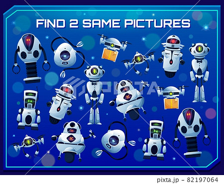 Find two same robots vector kids game and education puzzle. Matching maze game, memory or attention riddle, logic test or quiz with cartoon robots and drones, artificial intelligence bots, quadcopters 82197064
