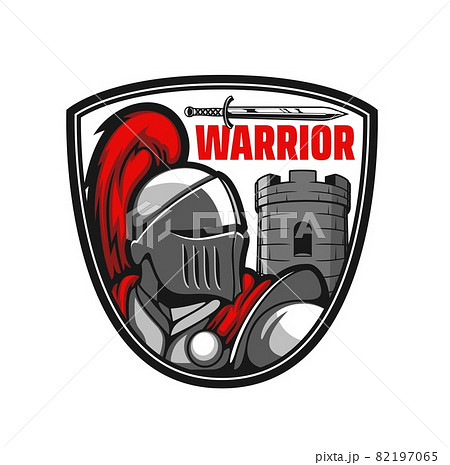 Medieval knight icon. Ancient warrior, crusader or paladin in metal armor with red ponytail, sword weapon and castle or fortress stone tower. Emblem, sticker or vector symbol with fantasy kingdom hero 82197065