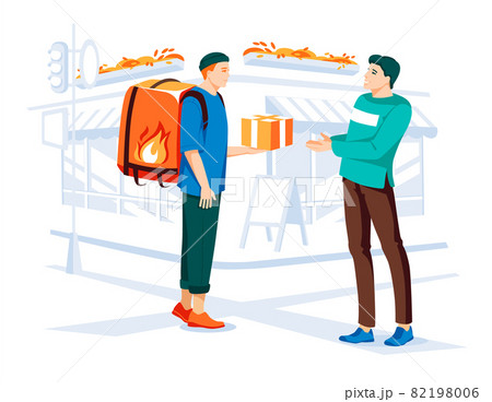 Delivery service concept. Courier carries boxes for a young man on the street. Flat cartoon colorful illustration. Old street city with cafe and shops. Isolated on white background Delivery service concept. Courier carries boxes for a young man on the street. Flat cartoon colorful illustration. Old street city with cafe and shops. Isolated on white background 82198006