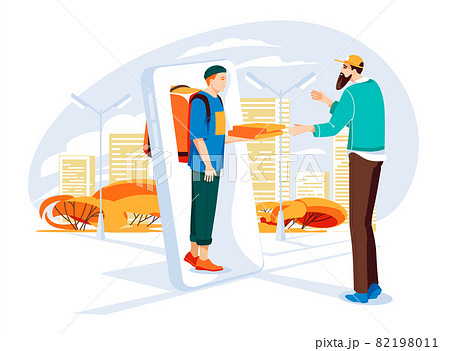 Pizza delivery service concept. Delivery guy from big smartphone give pizza to order man. City street. Flat colorful cartoon illustration. Isolated on white background 82198011