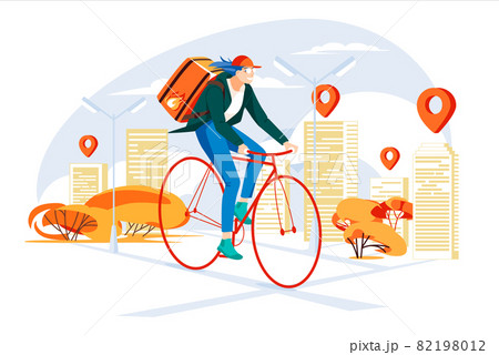 Cyclist delivery service concept  in the city. Girl courier. Young people doing job fast. City map with points. Flat colorful cartoon illustration. Isolated on white background 82198012