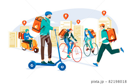 Delivery service by the different types of transport in the city. Delivery service concept. Young people doing job fast. City map with points. Flat colorful cartoon illustration.  82198018