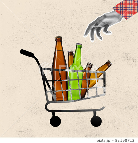 Contemporary art collage of trolley full of beer bottles and hand picking bottle 82198712