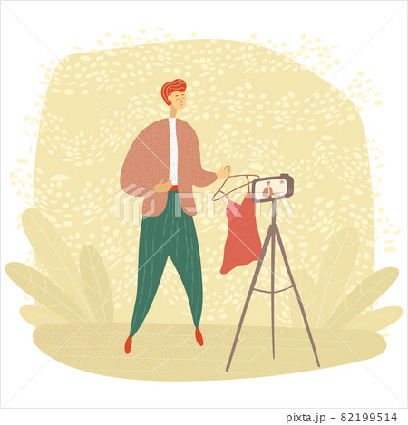 Male blogger records a video. Fashion blogger shoots vlog for followers. Influencer makes content for his internet channel. Beauty and lifestyle internet blog 82199514