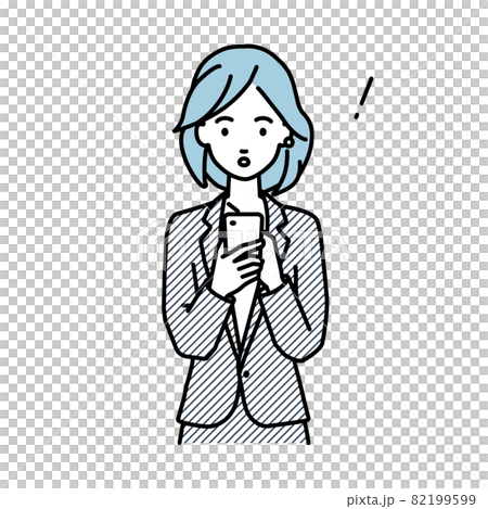 立ってスマートフォンを操作して何かに気づいて驚いたスーツの女性 82199599