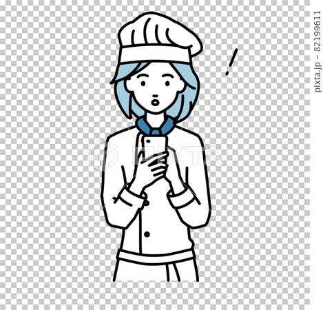 一位女廚師在站立和操作智能手機時驚訝地發現了什麼 82199611