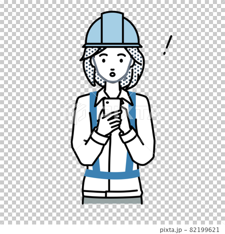 立ってスマートフォンを操作して何かに気づいて驚いた工事現場の女性 立ってスマートフォンを操作して何かに気づいて驚いた工事現場の女性 82199621