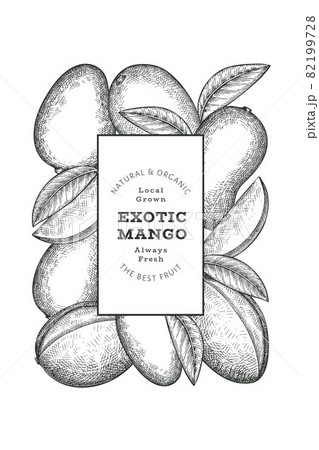 Hand drawn sketch style mango banner. Organic fresh fruit vector illustration. Retro mango fruit design template Hand drawn sketch style mango banner. Organic fresh fruit vector illustration. Retro mango fruit design template 82199728