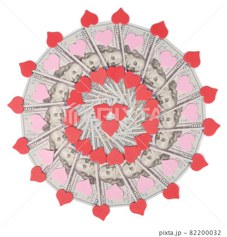 Mandala kaleidoscope from money and heart symbol. Abstract money background raster pattern repeat mandala circle. 82200032