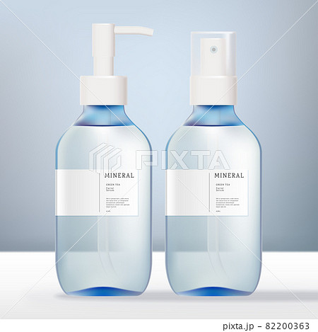 Vector Alcohol, Hair Shimmer, Fragrance, Antibacterial, Aroma Water Spray or Pump Bottle and Hand Cream Packaging. Transparent Light Blue and White 82200363
