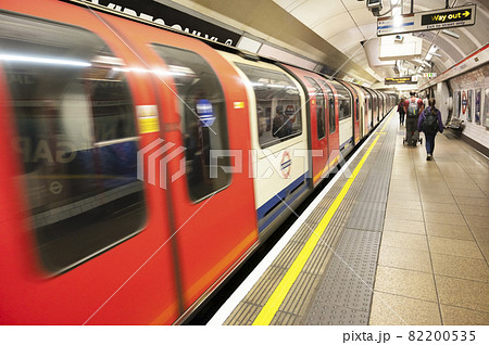 London, United Kingdom. August 22, 2010. Mouving train arriving at subway station. British tube rail station, selective focus 82200535