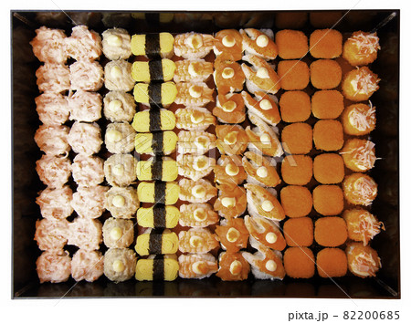 Set of Sushi, original style Japanese food, colorful and exquisite arrangement in rows Set of Sushi, original style Japanese food, colorful and exquisite arrangement in rows 82200685