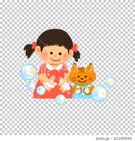 (感染対策)楽しく手を洗う女の子と猫 82200948