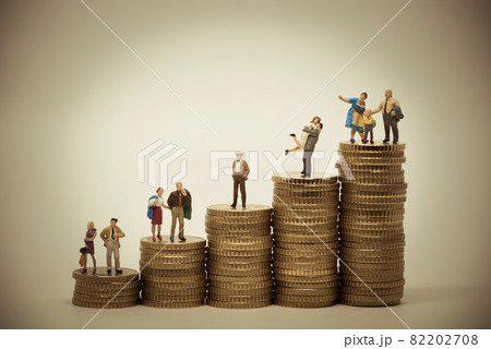 Social scale-concept of various persons in different positions on piles of coins. Social scale-concept of various persons in different positions on piles of coins. 82202708
