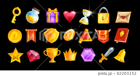 UI game icon set, vector casino interface object kit magic inventory element collection golden crown 82203152
